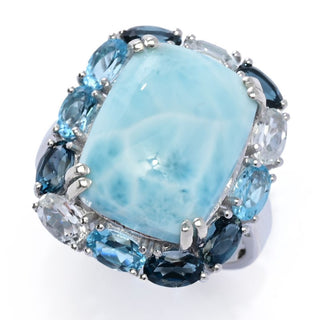 Gem Treasures Sterling Silver 16x12mm Larimar & Multi Topaz Halo Ring