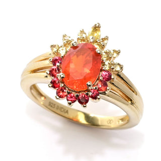 Gem Treasures 18K Vermeil 8x6mm Fire Opal & Multi Sapphire Halo Ring