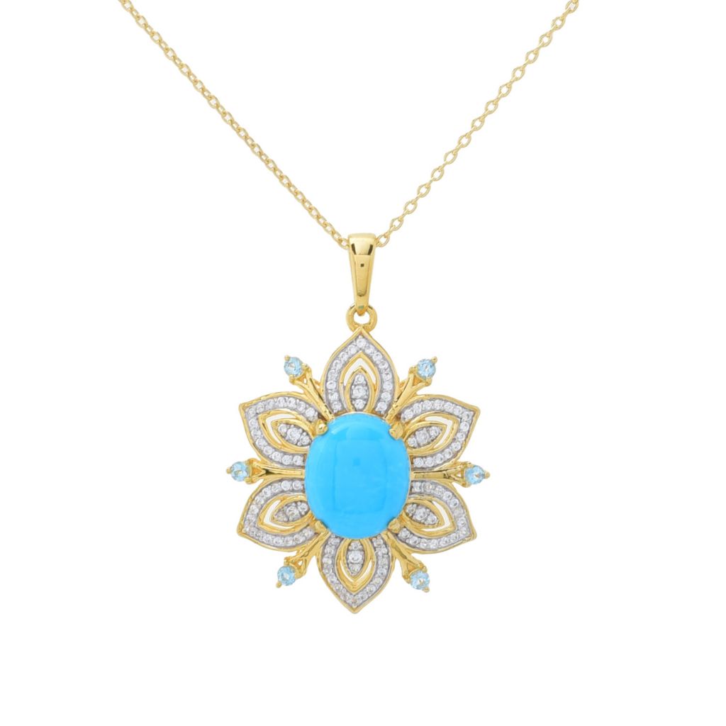 Gem Treasures Sleeping Beauty Turquoise, Blue Topaz & Zircon Floral Pendant