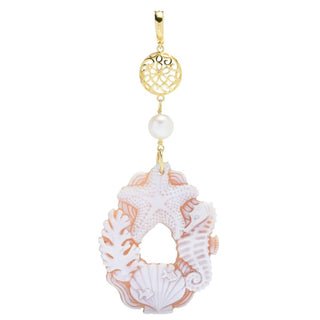 Cameo Italiano "Elysse" 60x45mm Shell Cameo & Cultured Pearl Sea Life Pendant