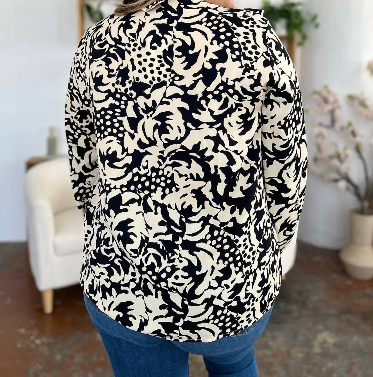 Double Take - Full Size Printed Ruffle Trim Balloon Sleeve Shirt
