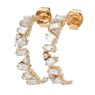 LALI Jewels 14K Gold 1.28ctw Tapered Baguette & Round Diamond Hoop Earrings