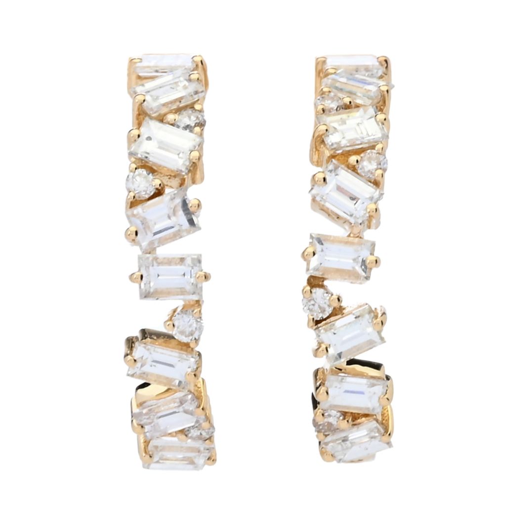 LALI Jewels 14K Gold 1.28ctw Tapered Baguette & Round Diamond Hoop Earrings