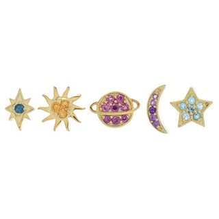 18K Gold Plated Set of 5 Gemstone Celestial Single Stud Earrings