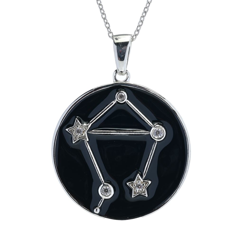 Sterling Silver Choice of Zodiac White Zircon & Black Enamel Pendant w/ Chain