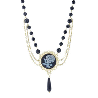 Graziella 23K Gold Plated Carved Rose & Black Onyx Multi Strand Necklace