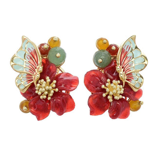 Graziella 23K Gold Plated Carved Resin & Quartz Butterfly & Flower Earrings