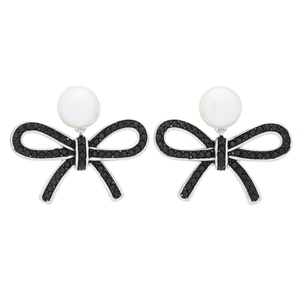 18K Gold Plated "Hollywood" Cultured Pearl & Black Spinel Bow Drop Earrings