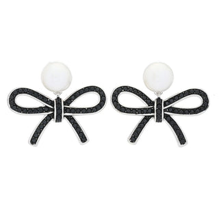 18K Gold Plated "Hollywood" Cultured Pearl & Black Spinel Bow Drop Earrings