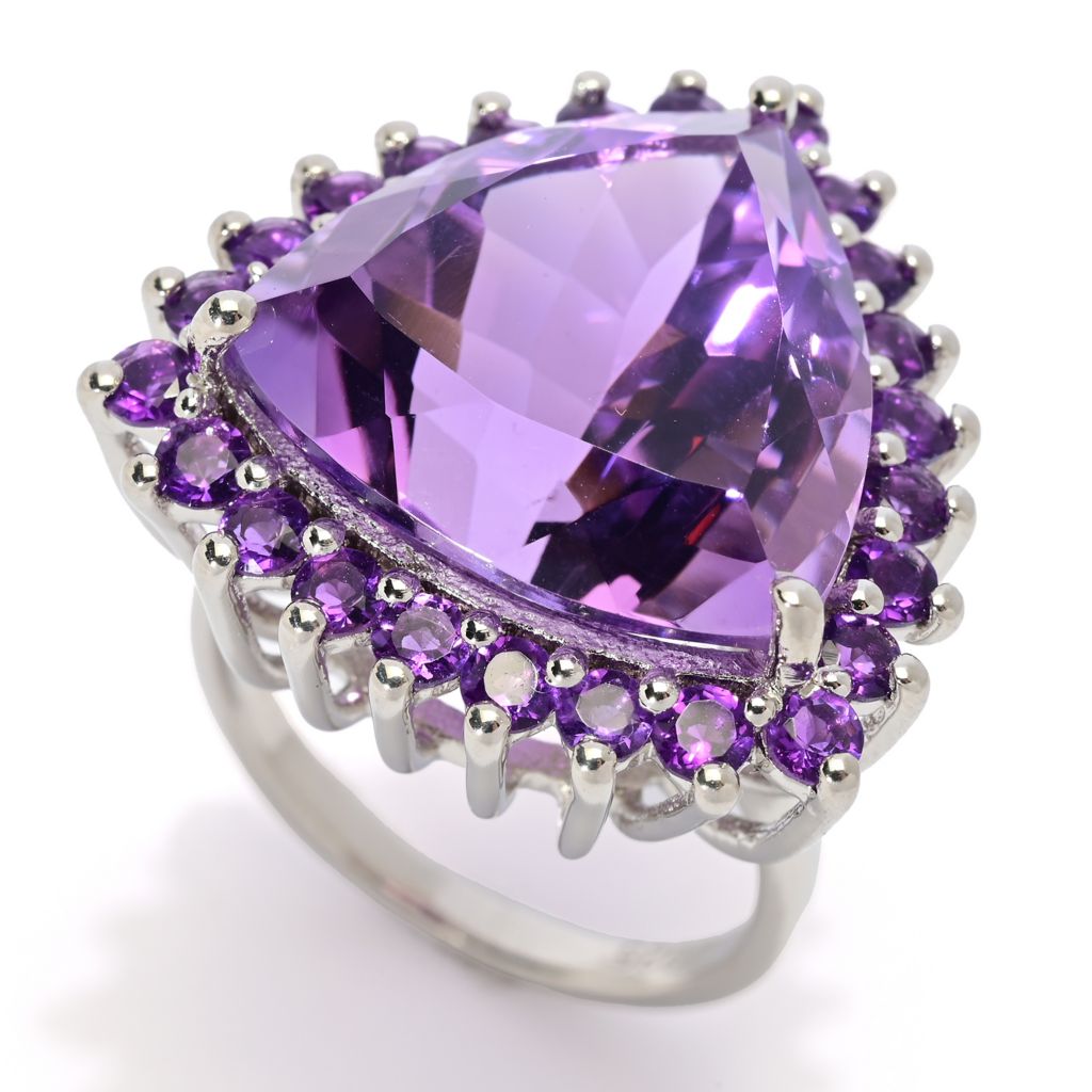 Platinum Plated "Hollywood" 17.92ctw Trillion Shape Brazilian Amethyst Halo Ring