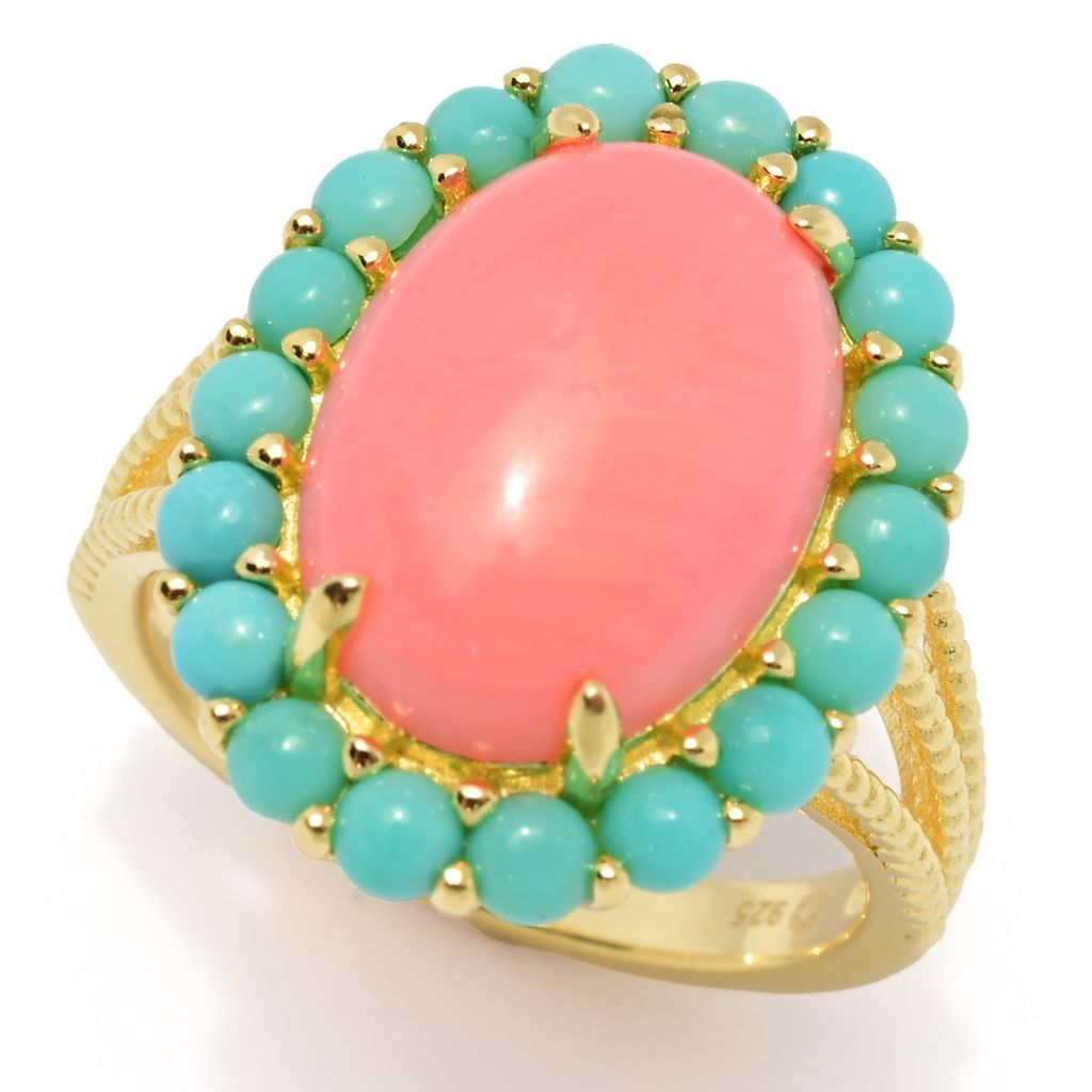 Elemental Gems 18K Gold Plated Salmon Coral & Campitos Turquoise Ring