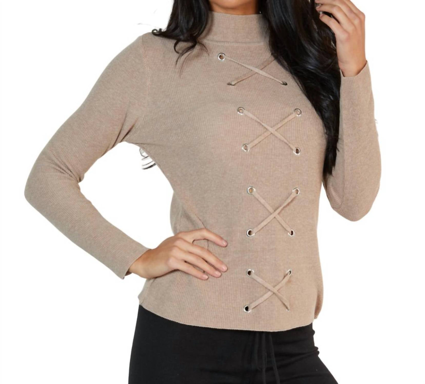Angel Apparel - Lace Up Mock Neck Top