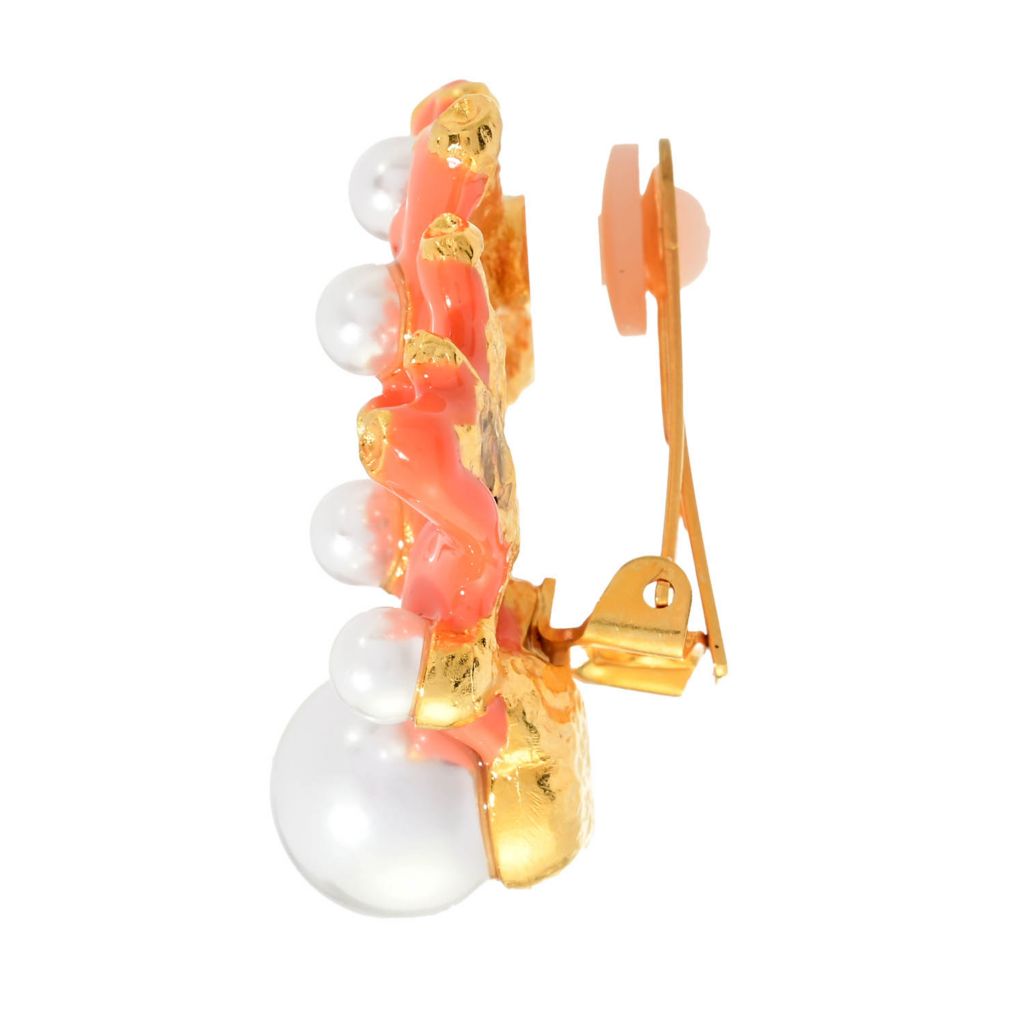 Kenneth Jay Lane 22K Gold Plated Simulated Pearl Coral Reef Clip On Button Earrings