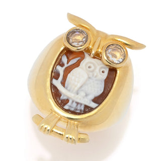 Cameo Italiano 18K Gold Plated "Musical" Owl Simulated Diamond Shell Cameo Ring