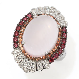 Gem Treasures 16x12mm Rose Quartz, Rhodolite Garnet & Zircon Ring