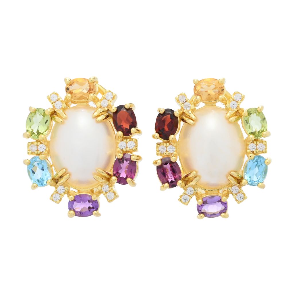 18K Gold Plated 10x8mm Oval Cultured Mabe Pearl & Multi Gem Stud Earrings