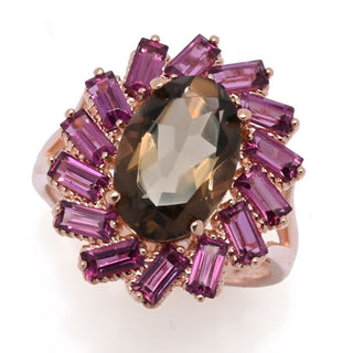 Rose Gold Plated Choice of Gemstone Oval & Baguette Cluster Halo Ring