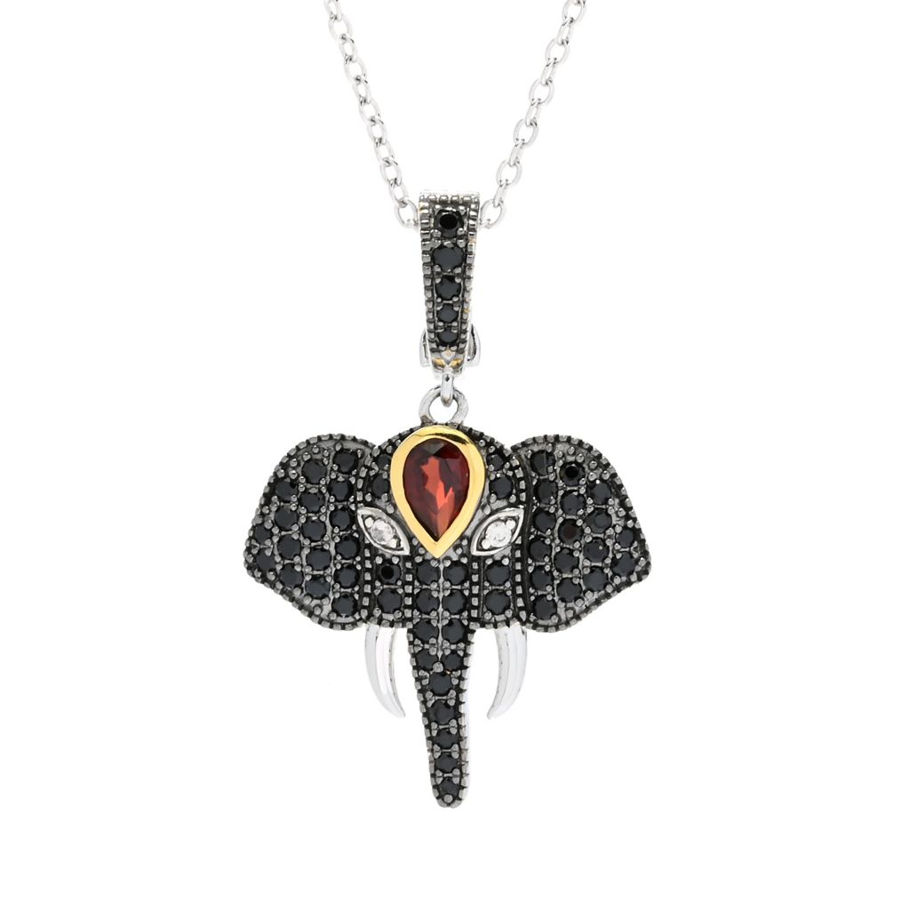 18K Gold Plated Platinum Plated 1.67ctw Garnet & Black Spinel Elephant Pendant