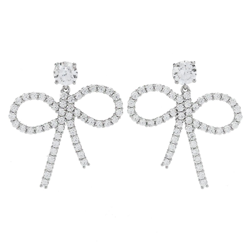 Brilliante Platinum Plated 4.94 DEW Simulated Diamond Bow Drop Earrings
