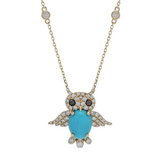 CIRARI 14K Gold 0.60ctw Diamond & Turquoise Wise Owl Pendant w/ Chain