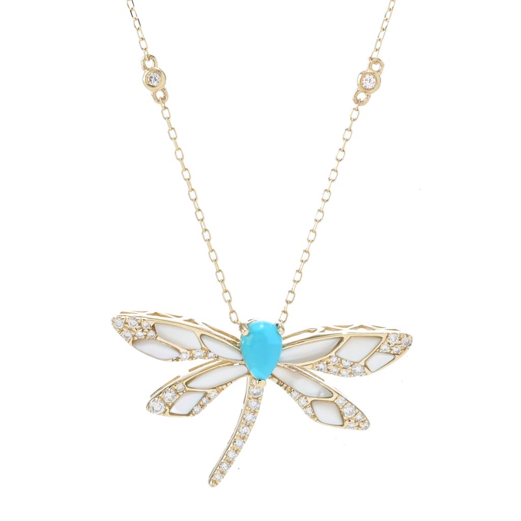 CIRARI 14K Gold Turquoise, Diamond & Mother-of-Pearl Dragonfly Pendant w/ Chain