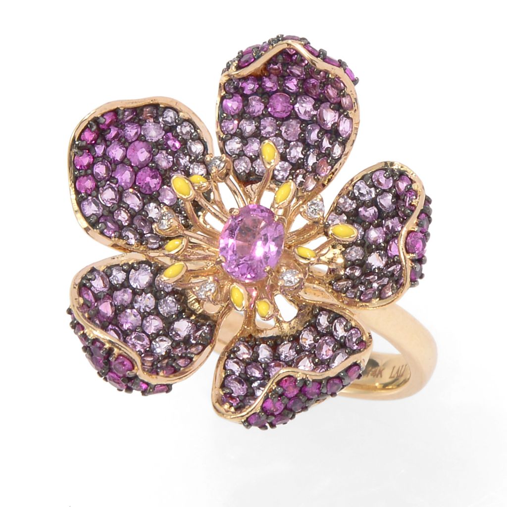 LALI Jewels 14K Gold 3.16ctw Pink Sapphire, Diamond & Enamel Flower Ring