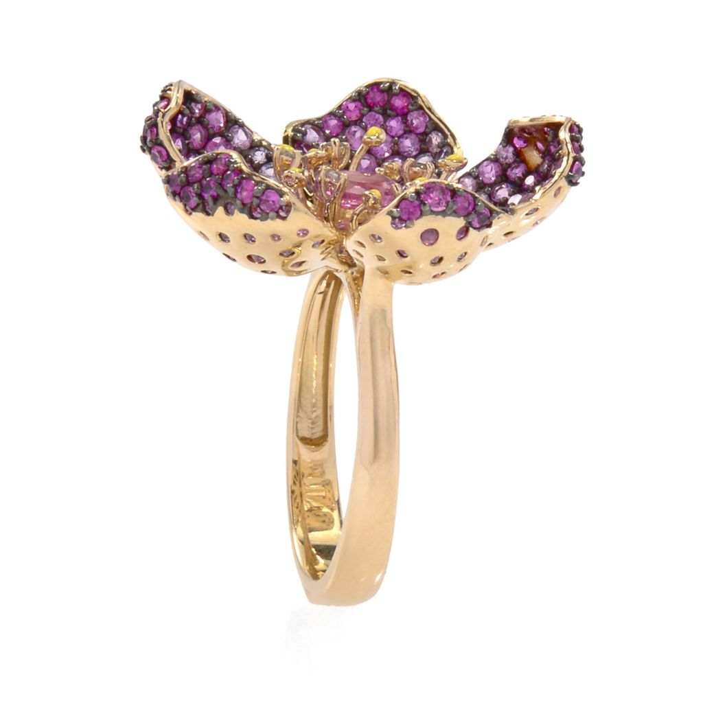 LALI Jewels 14K Gold 3.16ctw Pink Sapphire, Diamond & Enamel Flower Ring