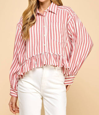 Tcec - Striped Button Up Ruffled Hem Shirt
