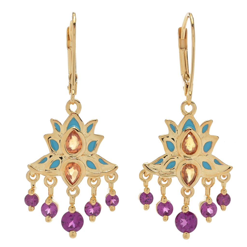 Passport to India 2.61ctw Orange Sapphire & Rhodolite Lotus Gate Earrings