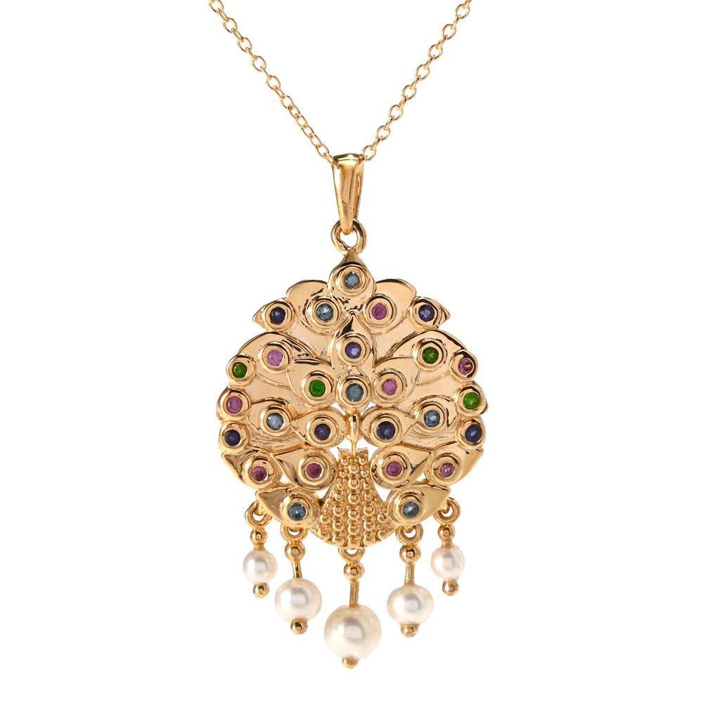 Passport to India Cultured Pearl & Multi Gemstone Peacock Gate Pendant w/ Chain