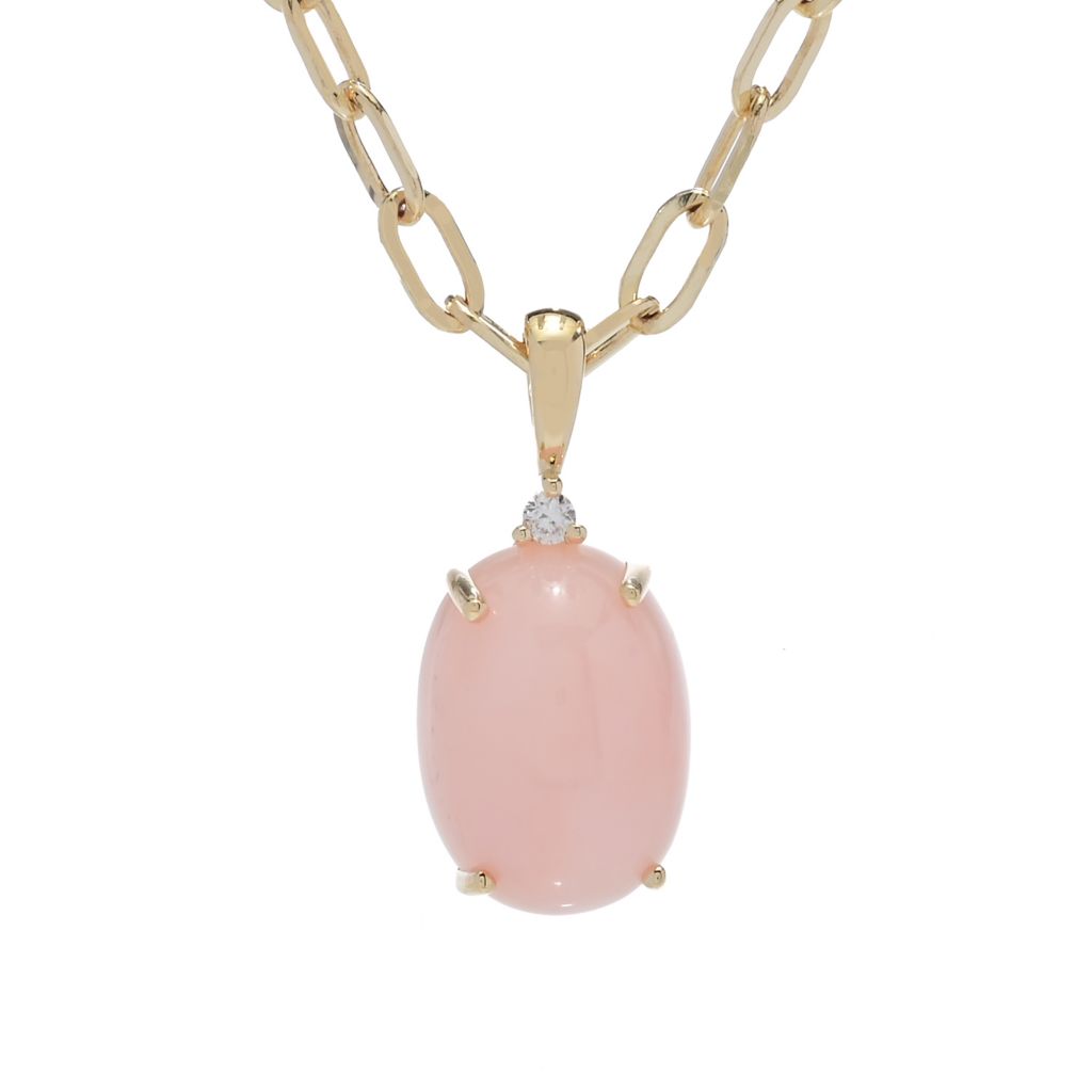 CIRARI 14K Gold 14x10mm Pink Opal & Diamond Pendant w/ Chain, 6.8 grams