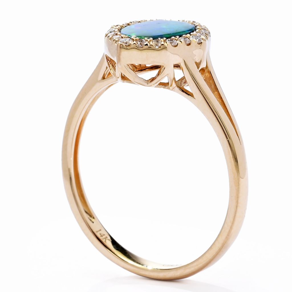 CIRARI 14K Gold Polished 8x6mm Opal Doublet & Diamond Ring, 2.6 grams