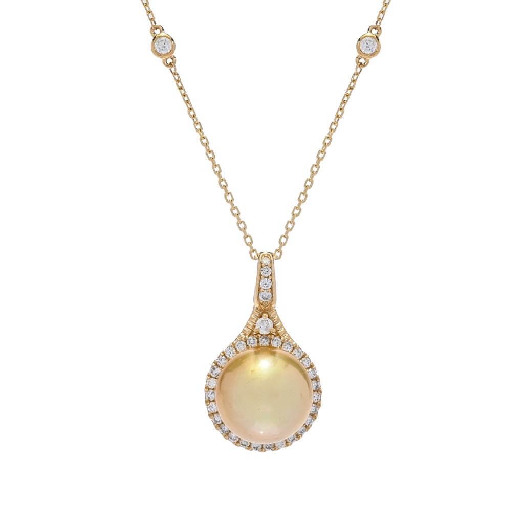 CIRARI 14K Gold 11mm Golden South Sea Cultured Pearl & Diamond Pendant w/ Chain