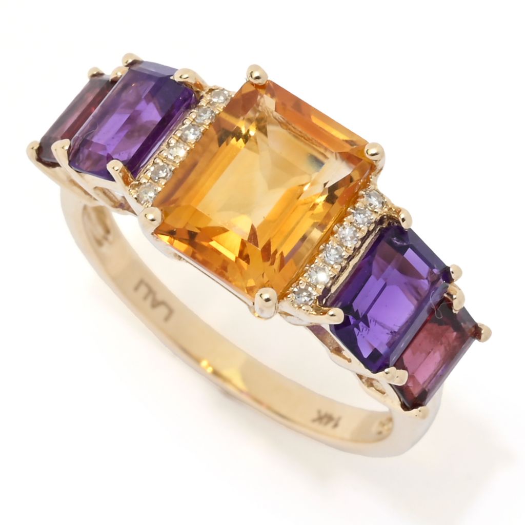LALI Jewels 14K Gold 4.40ctw Citrine, Amethyst, Rhodolite & Diamond Ring