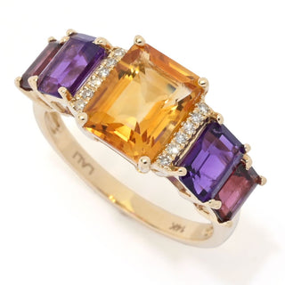 LALI Jewels 14K Gold 4.40ctw Citrine, Amethyst, Rhodolite & Diamond Ring