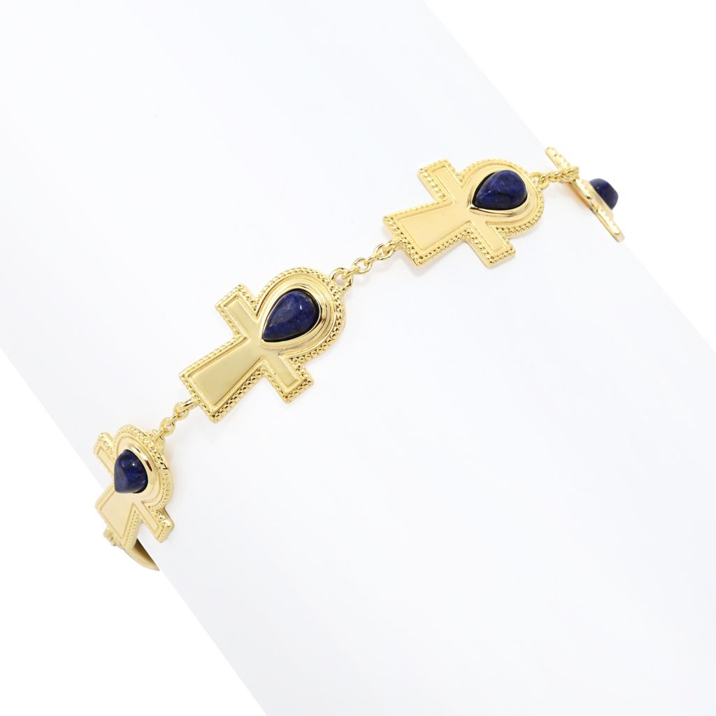Passport to Egypt 18K Gold Plated 6x4mm Pear Shape Lapis Ankh Cross Bracelet