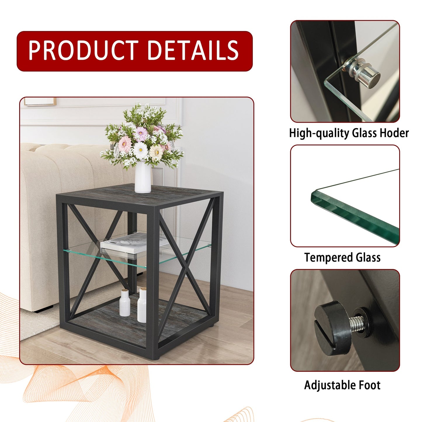 Modern End Table Nightstand with Tempered Glass & Wood Grain MDF