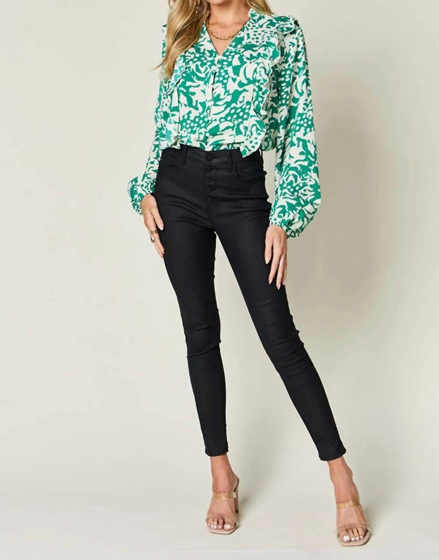 Double Take - Full Size Printed Ruffle Trim Balloon Sleeve Shirt