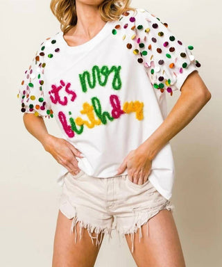 Trendsi - BiBi Metallic Letter Spangle Raglan Puff Sleeve Top