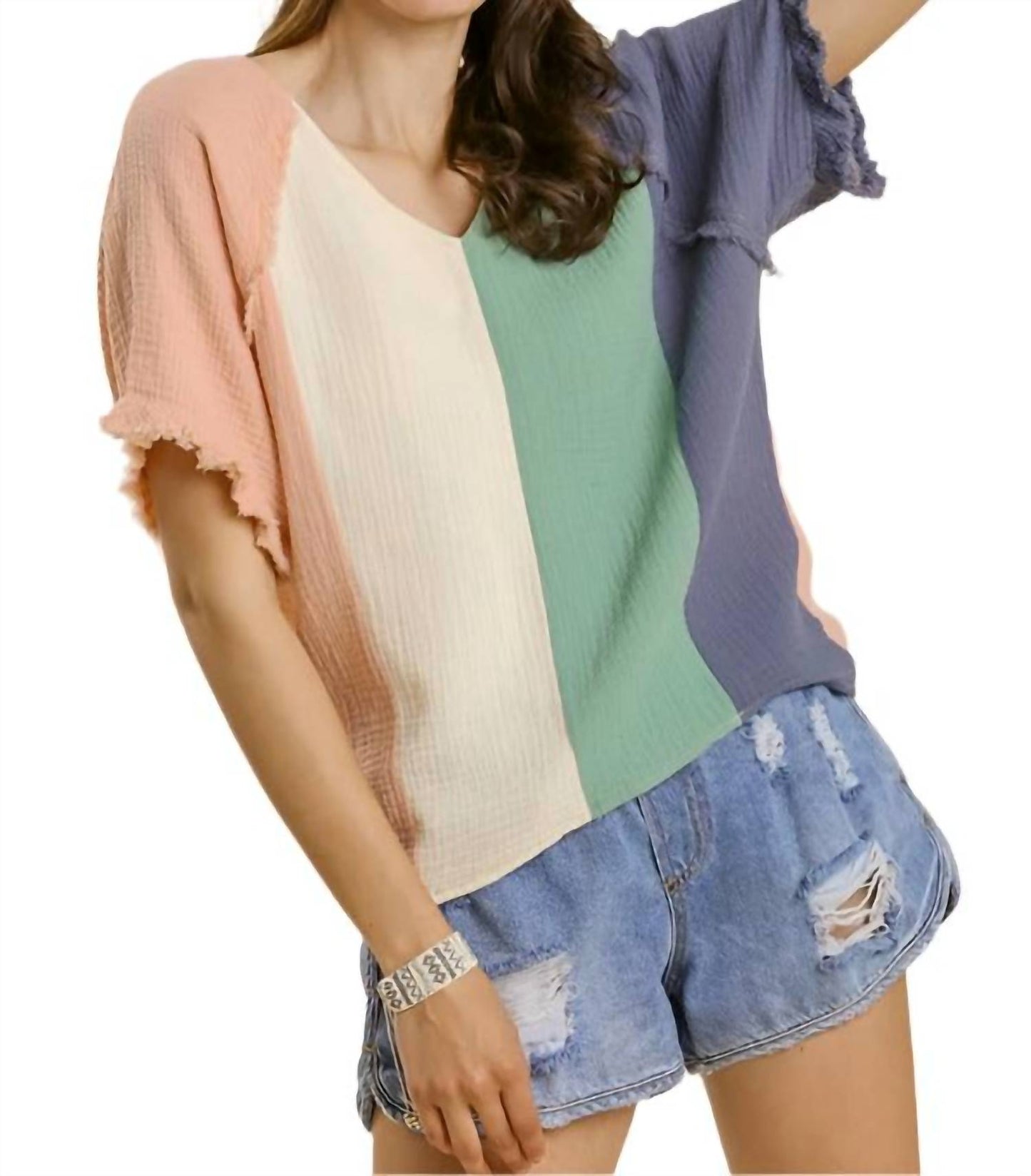 Umgee - Color Block Cotton Gauze Top,
