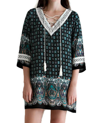 Entro - Border Print Lace up Tassel Tie Dress