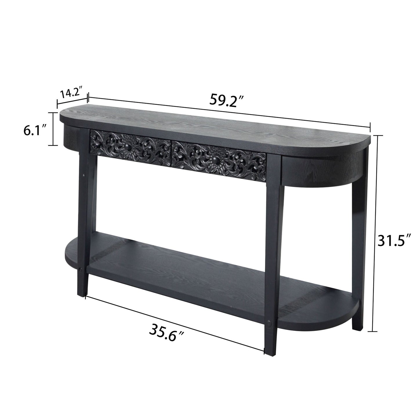 59.2in Black Carved Wooden Console Table with Lower Storage Shelf and Drawers