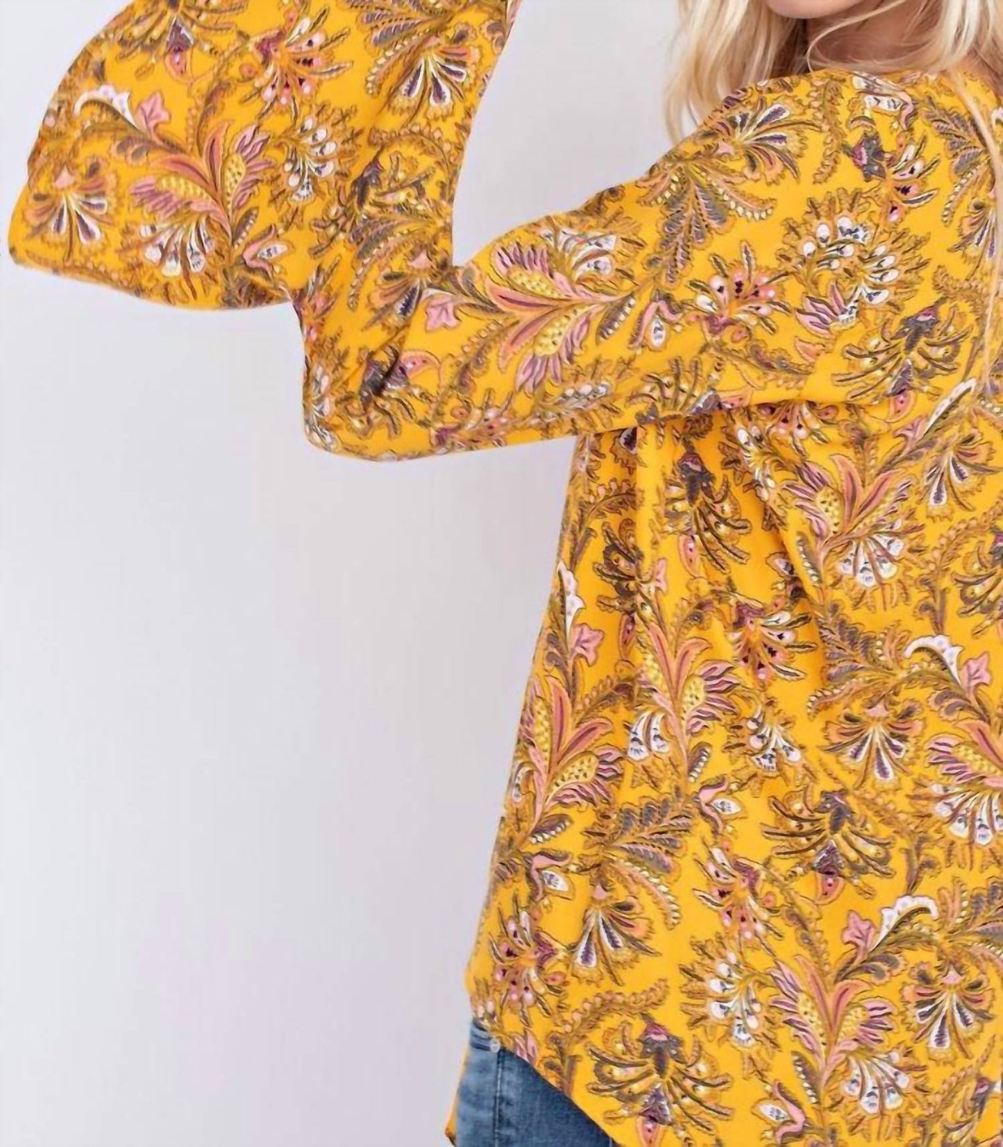 143 Story - Golden Yellow With Floral Front Tie Blouse