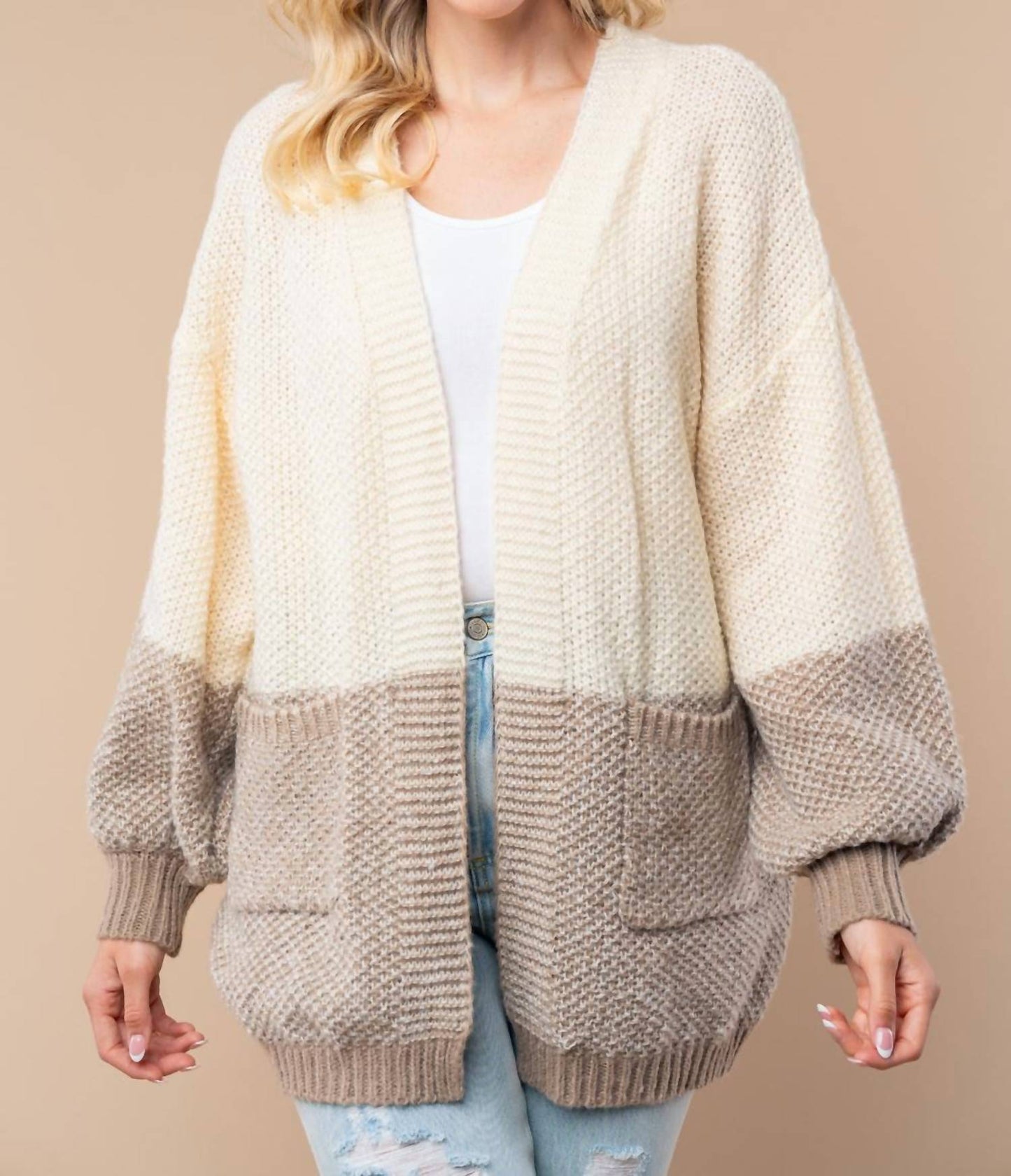 White Birch - Draped in Comfort Color Blocked Sweater Cardigan