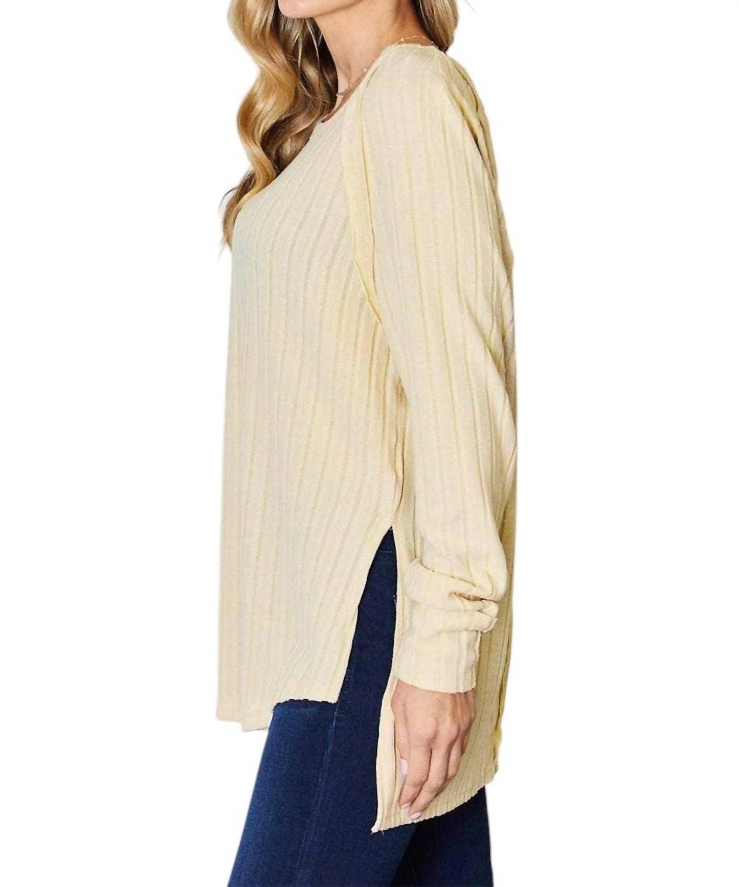 Basic Bae - Chic Ribbed Round Neck Slit Tee