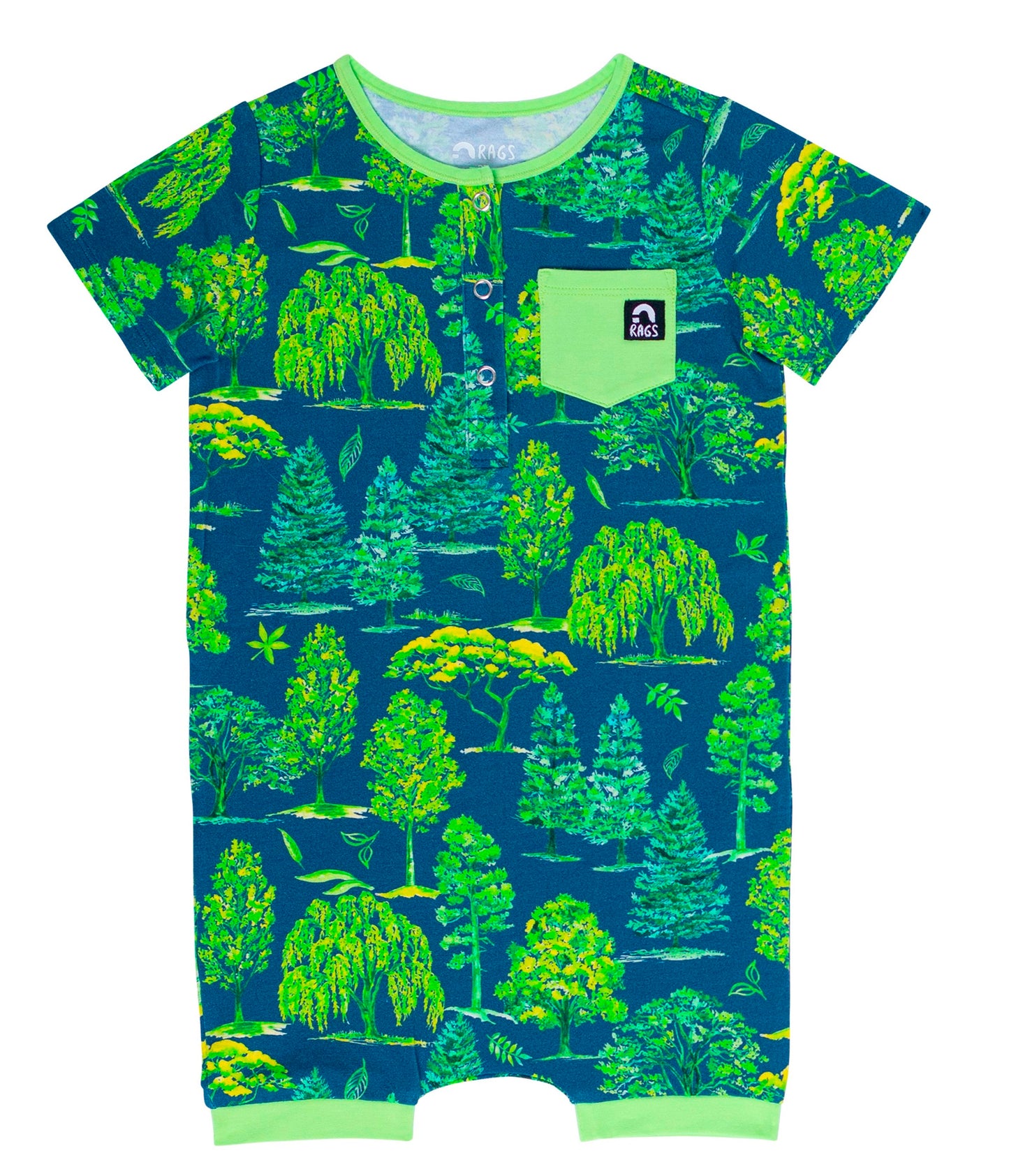 RAGS Apparel Kid's Short Sleeve Henley Pocket Short Rag Romper Blue Size 2T