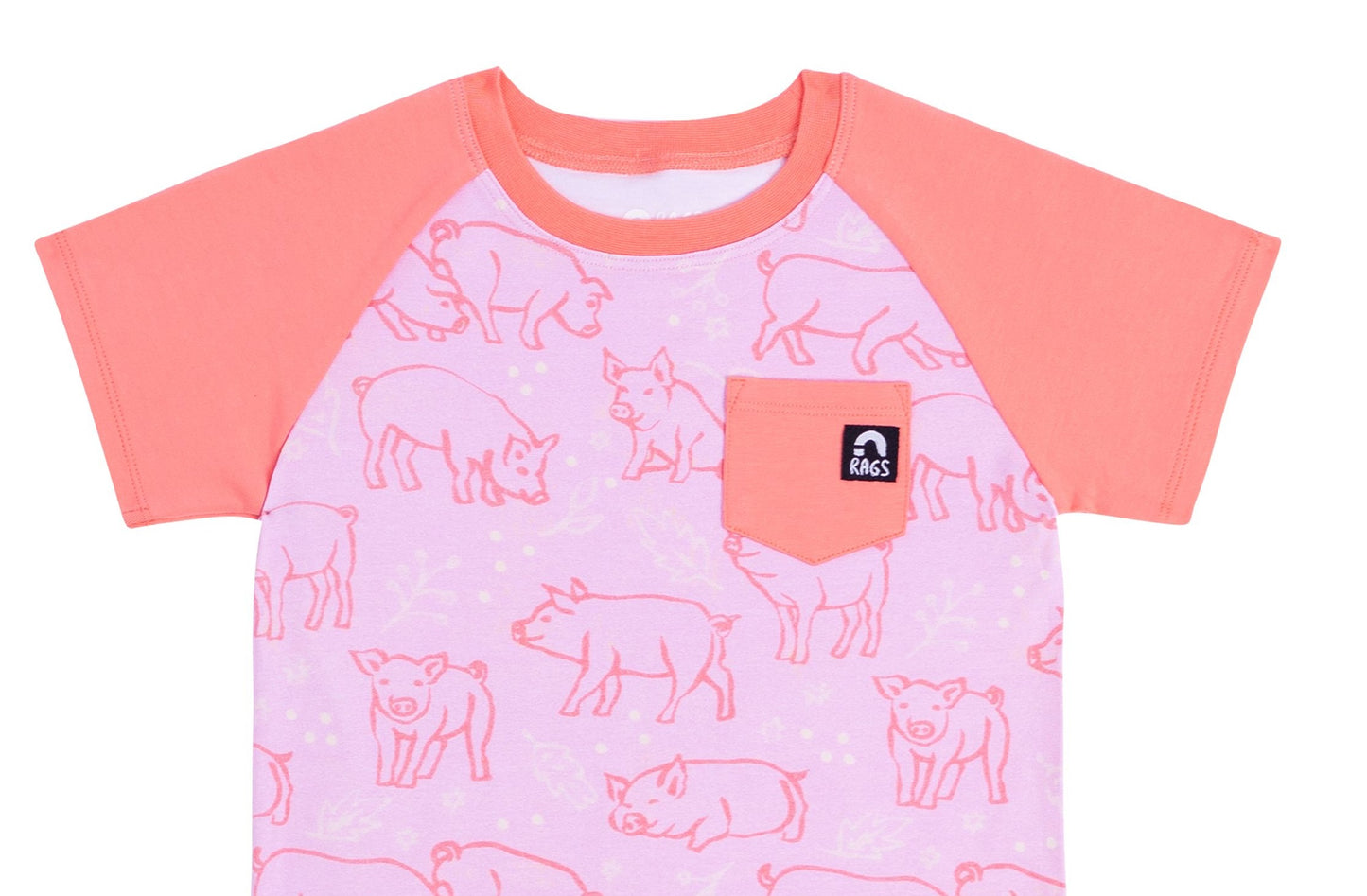 RAGS Apparel Kid's Short Raglan Sleeve Pocket Rounded Tee Pink Size 2T