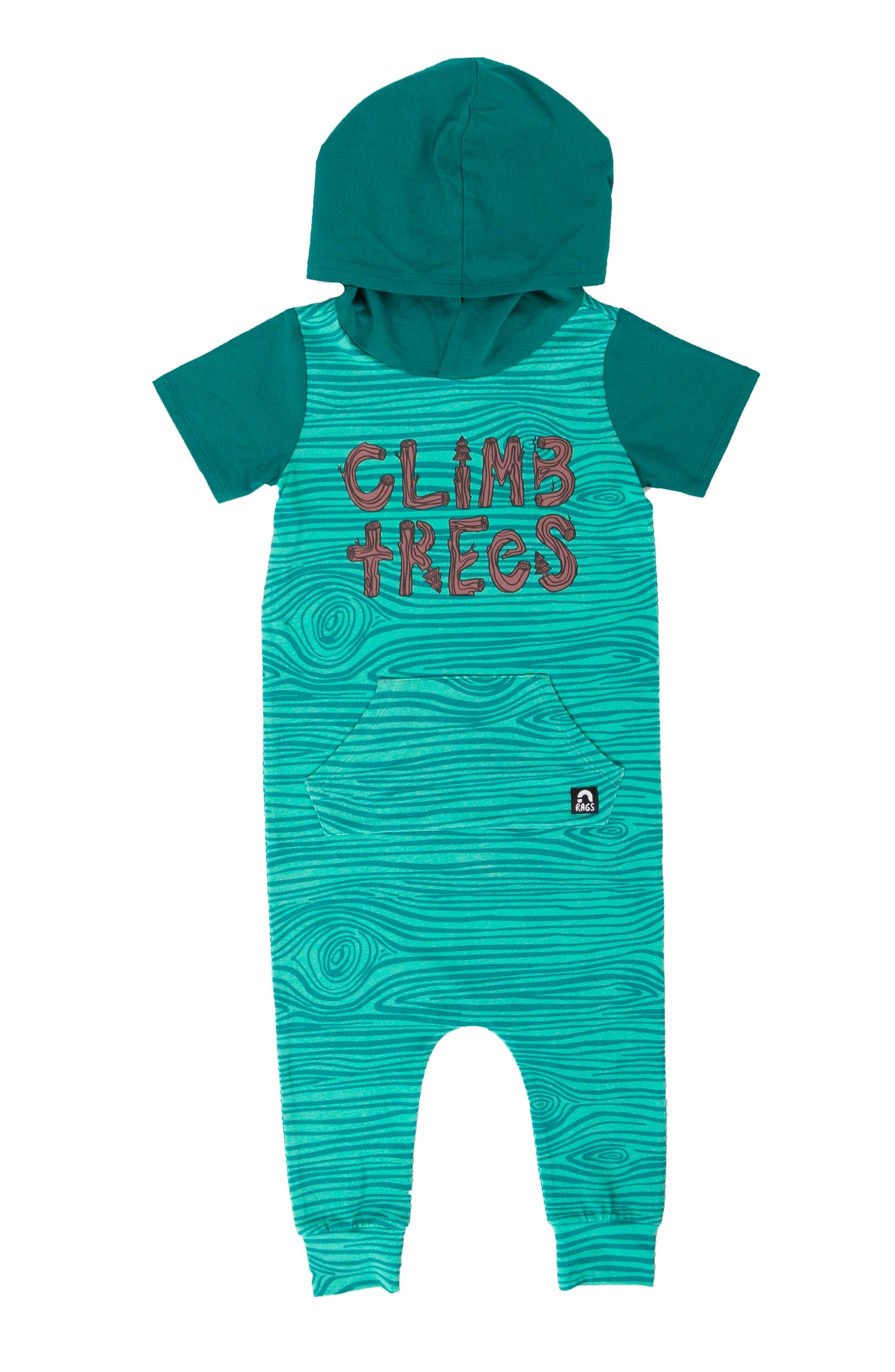 RAGS Apparel Kid's Short Sleeve Kangaroo Pocket Hooded Rag Romper Green Size 2T