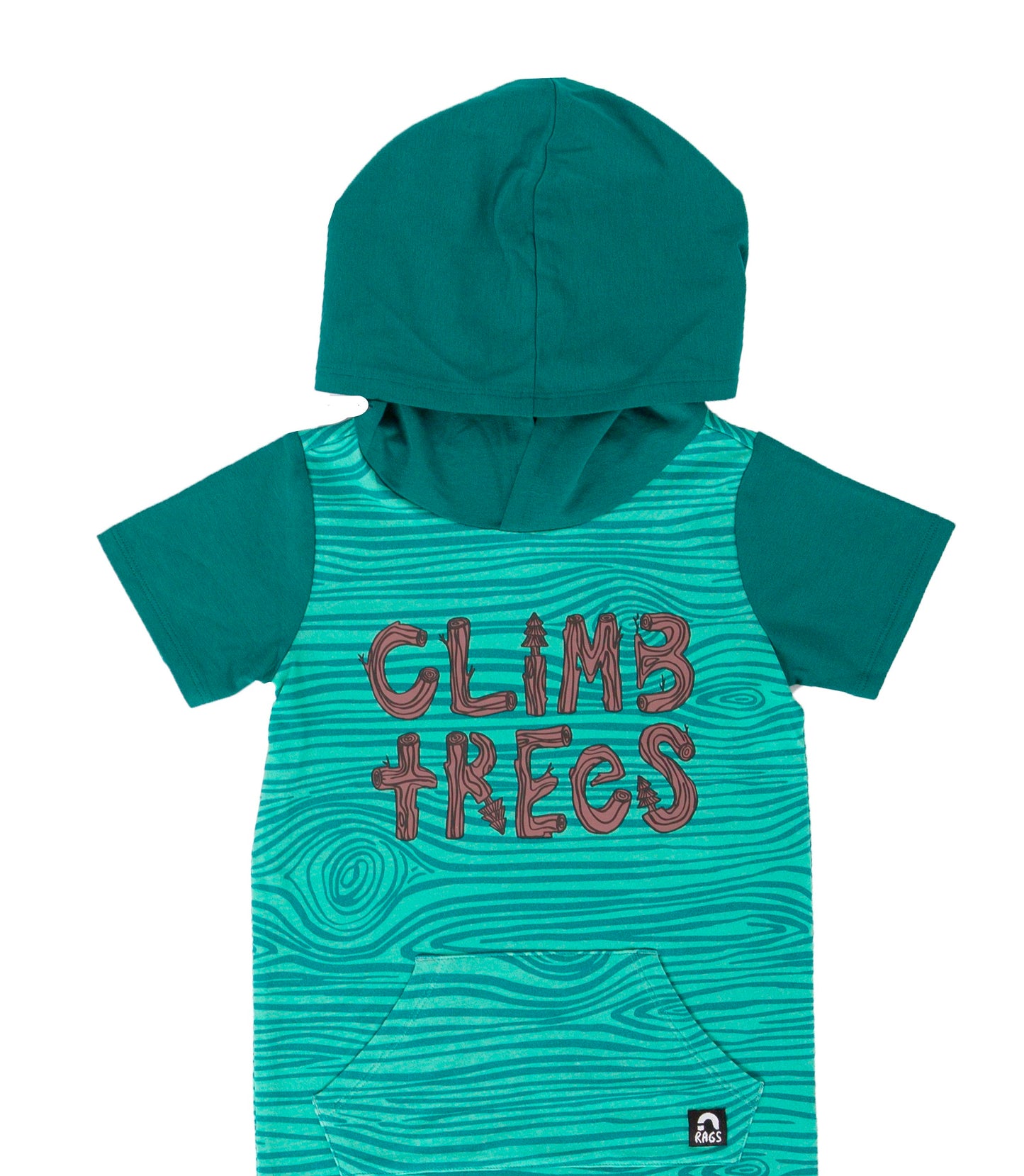 RAGS Apparel Kid's Short Sleeve Kangaroo Pocket Hooded Rag Romper Green Size 2T