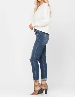 Judy Blue - Destroyed Cuffed Mid Rise Slim Fit Denim Jeans